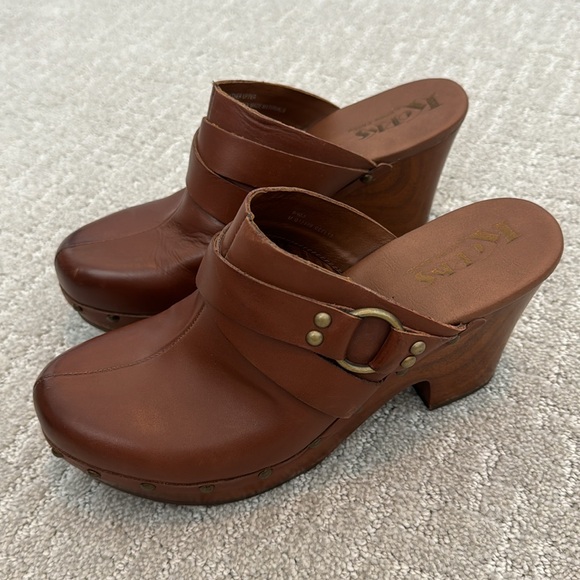 KorkEase Shoes Korkease Brown Leather Buckle Clog Mule Brass Tone
